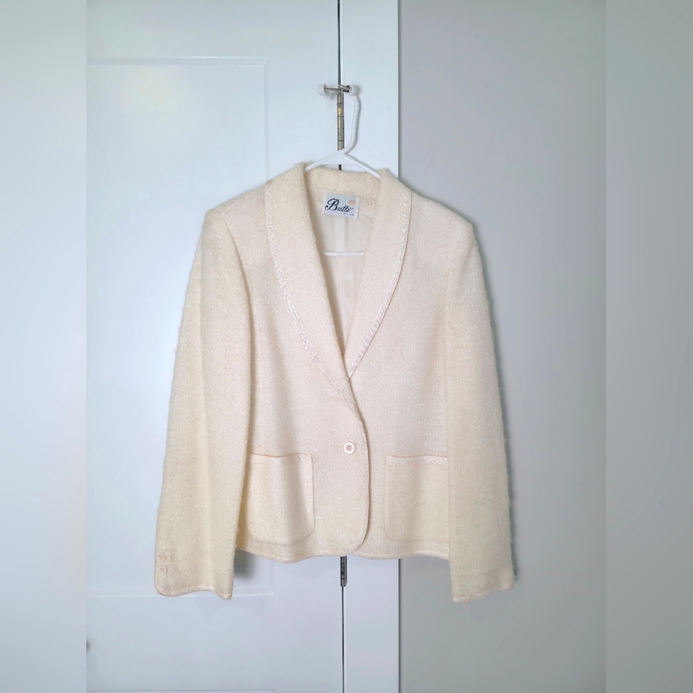 Butte Vintage Womens Knit Blazer Petite Small Med Ivory Cream Jacket Suit Career